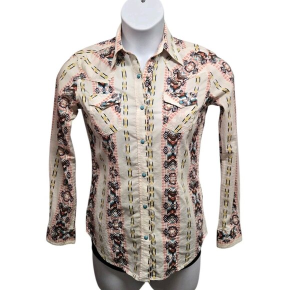 Wrangler Tops - Wrangler Womens XS Western Turquois Pearl Snap Shirt Cotton Aztec Cowgirl